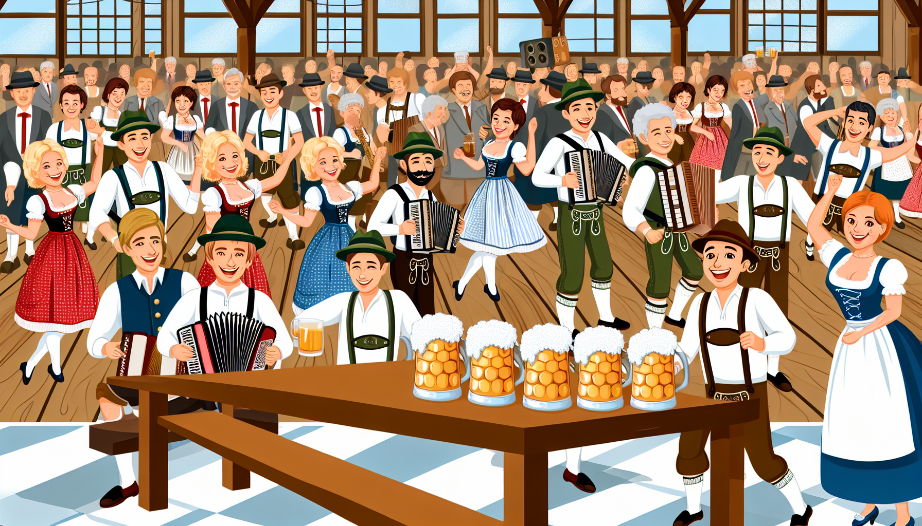 Eine Illustration einer lebhaften traditionellen deutschen Musikszene. Mehrere Musiker spielen klassische deutsche Instrumente wie das Akkordeon und das Alphorn. Männer und Frauen tanzen in traditionellen deutschen Trachten, darunter Lederhosen und Dirndl. Menschenmengen versammeln sich um groÃe Holztische und stoÃen mit Bierkrügen auf das Feiern an, alles vor der Kulisse einer rustikalen Bierhalle.