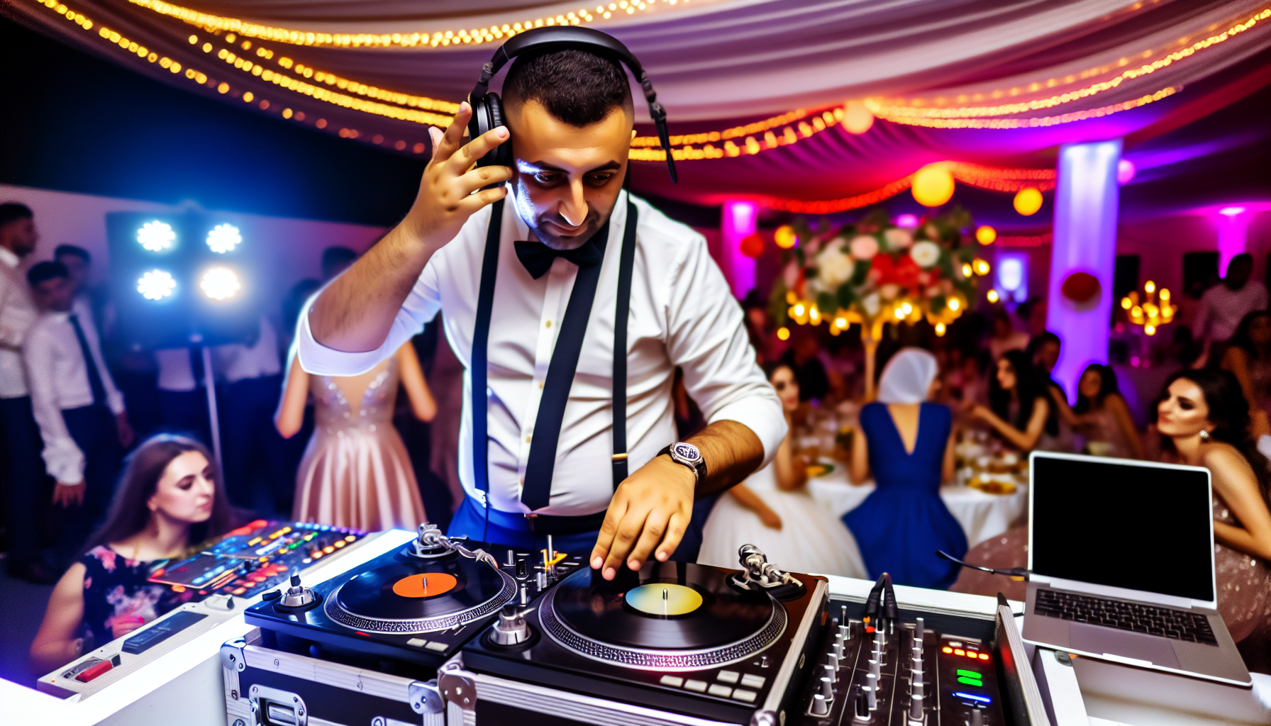 Ein Discjockey auf einer Hochzeitsfeier, eingetaucht in die festliche AtmosphÃ¤re. Der DJ, ein energiegeladener Mann aus dem Nahen Osten, legt Platten auf einem Plattenspieler auf. Um ihn herum schafft eine Mischung aus modernen LED-Lichtern und klassischer Hochzeitsdekoration eine lebendige Stimmung. Er trÃ¤gt professionelle KopfhÃ¶rer, ein schwarzes Hemd und eine stylische Krawatte, konzentriert auf den Plattenspieler und den Mixer vor ihm, wÃ¤hrend er den perfekten Song auswÃ¤hlt, um die Menge in Bewegung zu halten. In der NÃ¤he tanzt eine Gruppe von vielfÃ¤ltigen Personen im Takt, ihre Gesichter strahlen Freude und Begeisterung aus.