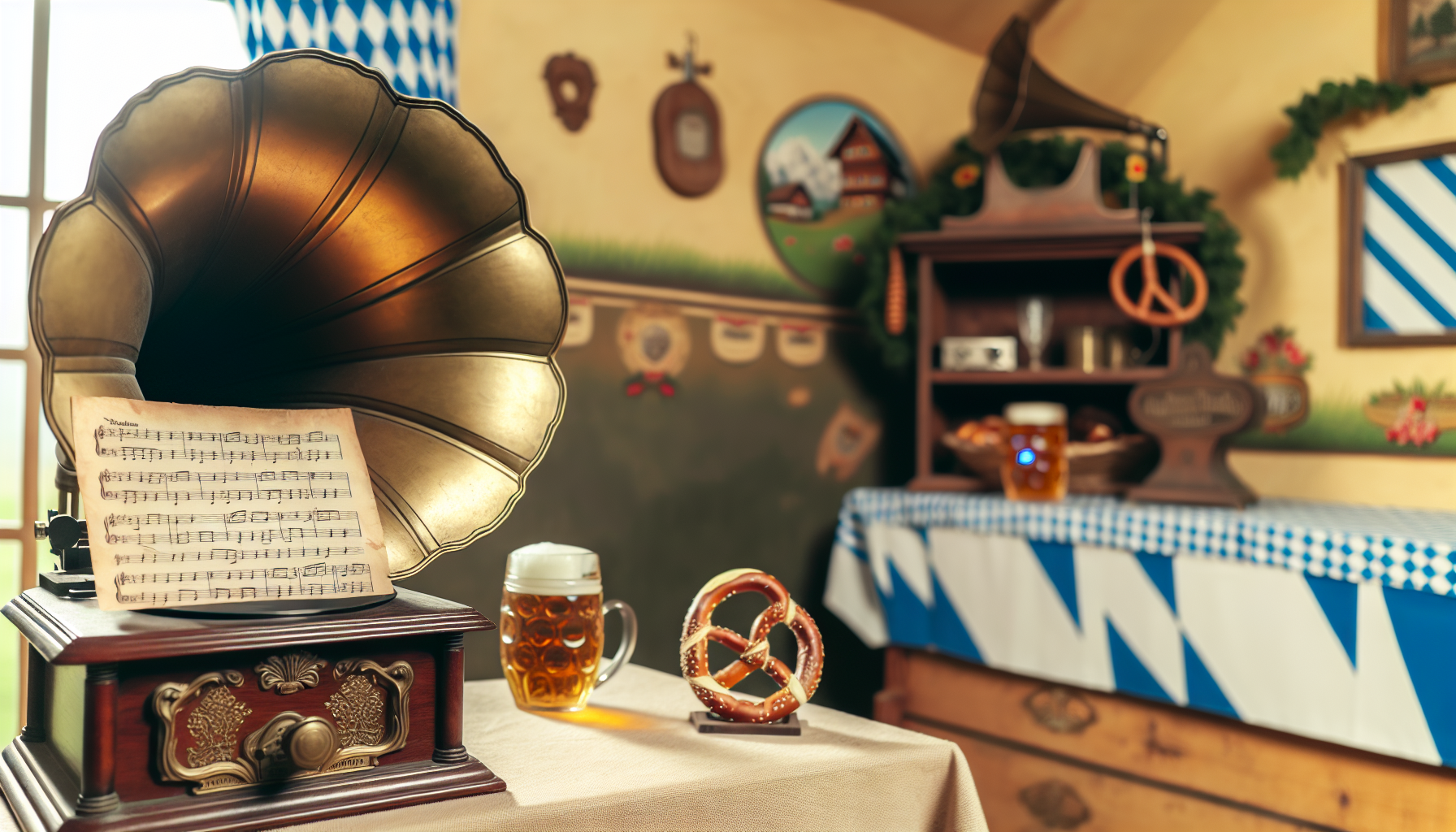 Die Vielfalt der deutschen Musikszene: Alben im Fokus Ein alter Vintage-Grammophon steht in einem Raum mit bayerischer Ästhetik. Das Grammophon spielt ein klassisches deutsches Volkslied, was durch ein Notenblatt daneben sichtbar ist. Im Raum sind traditionelle deutsche Gegenstände wie Bierkrüge, Brezeln und Lederhosen verteilt. Die gesamte Szene strahlt eine gemütliche und herzliche Atmosphäre aus, die das Genießen von Musik zu Hause in Deutschland vermittelt.