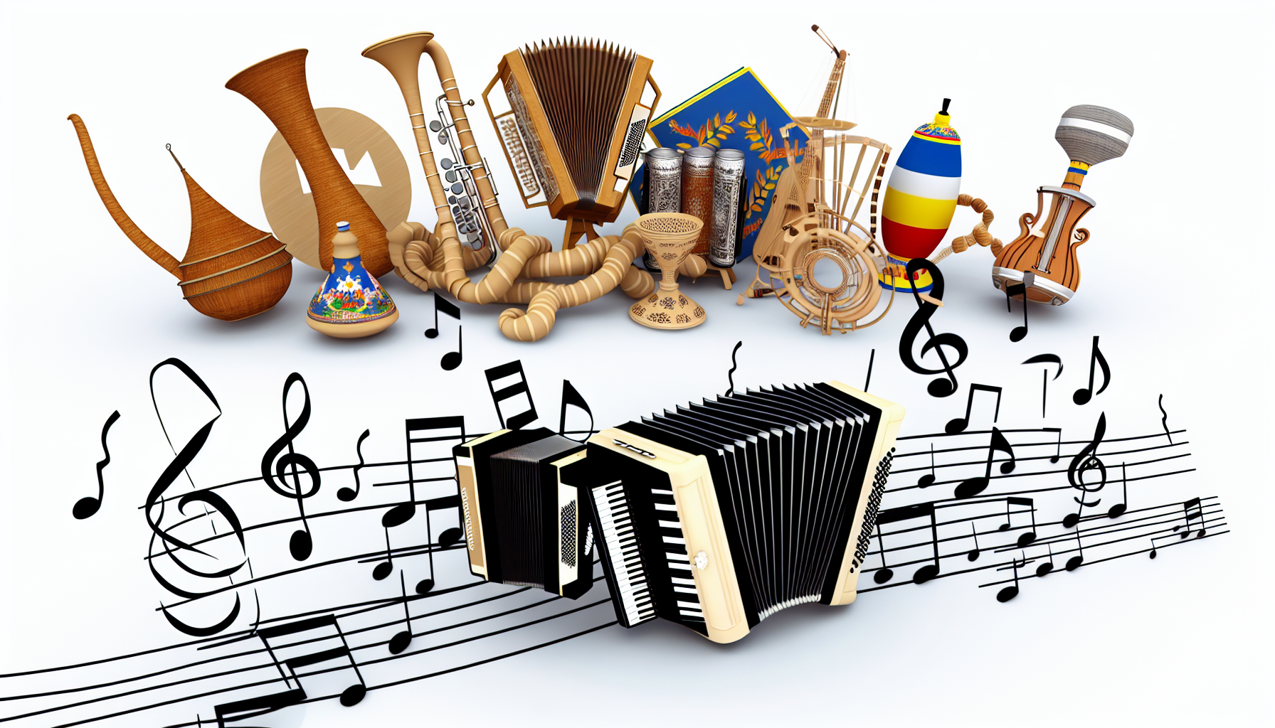 Eine visuelle Interpretation deutscher Musik. Vielleicht ein Bild, das traditionelle deutsche Musikinstrumente wie das Akkordeon, das Alphorn und die Zither zeigt, sowie Elemente aus Volkst&Atilde;&curren;nzen wie dem Schuhplattler. F&Atilde;&frac14;gen Sie Notenbl&Atilde;&curren;tter und Violinschl&Atilde;&frac14;ssel-Symbole hinzu, die umher verstreut sind, um das musikalische Thema zu betonen.