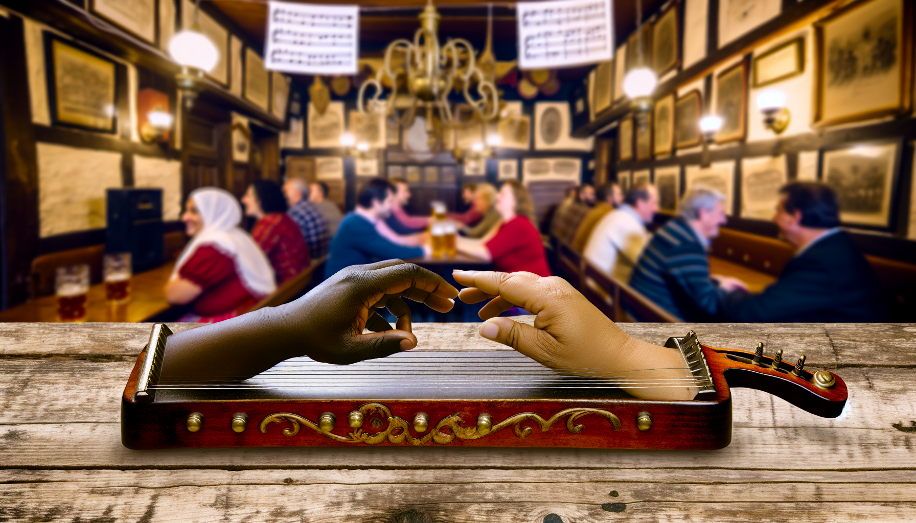 Ein Bild, das deutsche Musik darstellt. Im Vordergrund liegt auf einem rustikalen Holztisch eine alte, h&Atilde;&para;lzerne, traditionelle deutsche Zither. Ein Paar H&Atilde;&curren;nde, das Vielfalt zeigt &acirc;€” die eine Hand geh&Atilde;&para;rt einer schwarzen Frau, die andere einem Mann aus dem Nahen Osten &acirc;€” spielt das Instrument. Im unscharfen Hintergrund befindet sich ein traditionelles deutsches Wirtshaus, gef&Atilde;&frac14;llt mit einem vielf&Atilde;&curren;ltigen Publikum, das sich im Rhythmus der Musik wiegt. Die W&Atilde;&curren;nde des Wirtshauses sind mit alten Notenbl&Atilde;&curren;ttern und antiken Blechblasinstrumenten geschm&Atilde;&frac14;ckt.