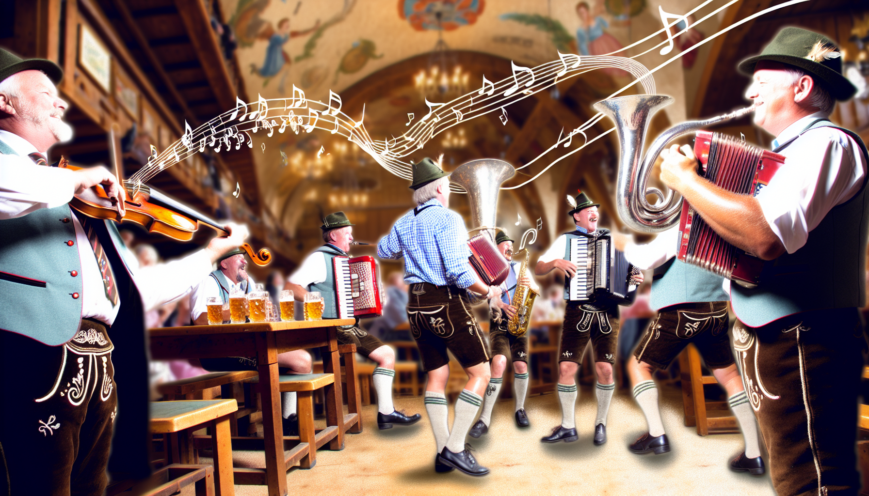 Einführung in die russische Folklore Musik: Tradition und Vielfalt Eine lebhafte Szene, die das Wesen der deutschen Musik einfängt. Stellen Sie sich eine traditionelle bayerische Band vor, deren Musiker in Lederhosen gekleidet sind. Jedes Mitglied ist tief in den Moment vertieft und erzeugt Musik, die mit Freude und Schwung resoniert. Die Instrumente, die sie spielen, sind entscheidend: ein Akkordeon, eine Tuba und eine Violine. Der Schauplatz ist die historische Bierhalle mit ihren Holzmöbeln, Steinwänden und gewölbten Decken, in der eine fröhliche Menge ihr Bier und ihre Brezeln genieÃt, während sie zuhören. Denken Sie auch an ein abstraktes Element tanzender Noten, die aus den Instrumenten entweichen und den harmonischen und lebhaften Rhythmus der Musik darstellen.