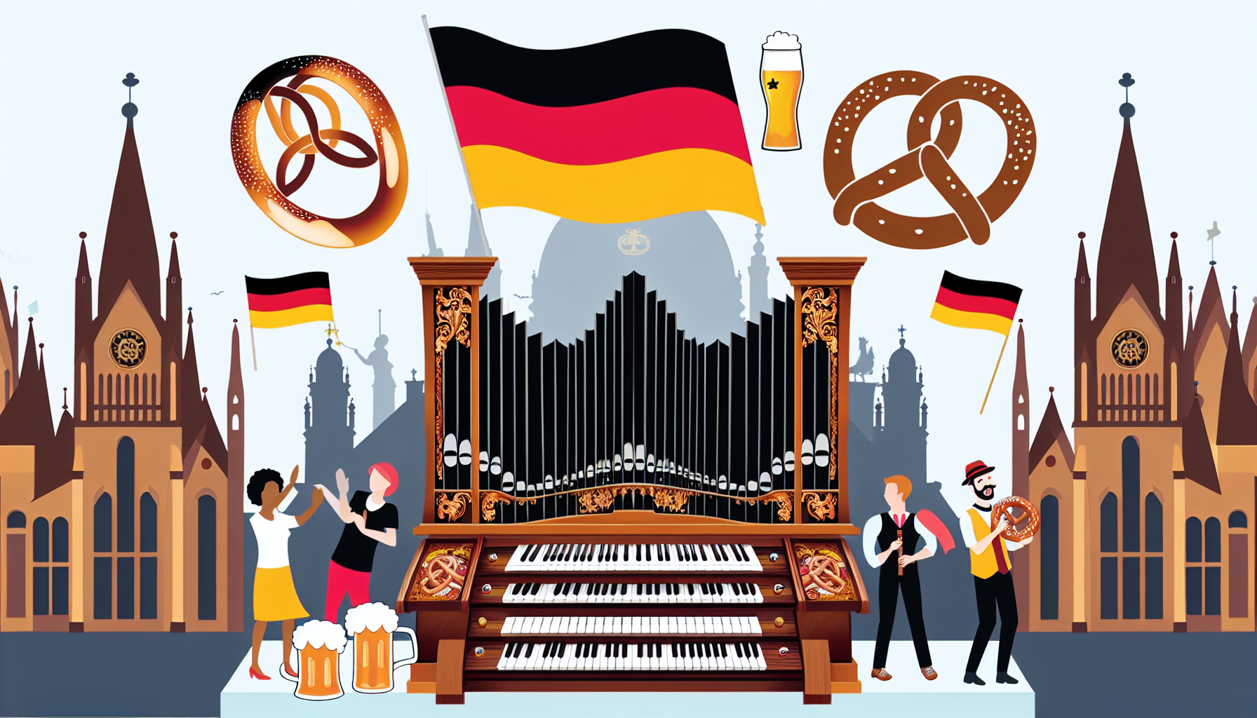 Einführung in die russische Folklore Musik: Tradition und Vielfalt Eine Illustration eines traditionellen deutschen Musiksettings. Im Mittelpunkt des Bildes steht eine groÃe Holzfassorgel, die lebhafte Melodien spielt. Im Hintergrund sind Symbole der deutschen Kultur zu sehen, wie der Berliner Dom, Brezeln und Bierkrüge. Einige Personen unterschiedlicher Herkunft, darunter Kaukasier, Menschen aus dem Nahen Osten und Asiaten, genieÃen die Musik, klatschen und tanzen. Eine Flagge, die Deutschland repräsentiert, mit schwarzen, roten und goldenen Streifen, weht sanft im Wind darüber.